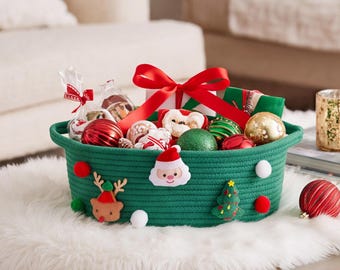 Christmas Storage Basket with Santa and Reindeer, Festive Holiday Organizer, Cute Christmas Decor and Gift Basket