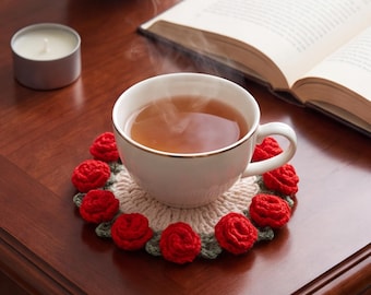 Handmade Crochet Rose Coaster, Floral Mug Mat, Cottagecore Table Decor, Tea Lover Gift, Unique Housewarming Present for Coffee Bar