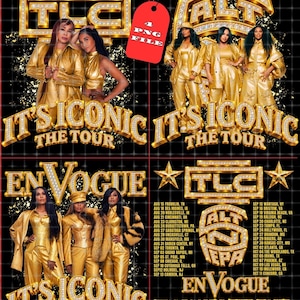 Może przedstawiać: Cyfrowa grafika przedstawiająca TLC i En Vogue w złotych strojach z napisem It's Iconic The Tour. Obraz zawiera czerwoną etykietę z napisem 4 PNG File, daty trasy koncertowej oraz złote litery wysadzane diamentami na czarnym tle w kratkę.