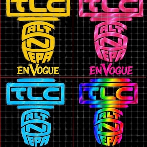 Puede incluir: Un diseño gráfico que presenta cuatro variaciones de logotipos de texto para TLC, Salt-N-Pepa y En Vogue. Cada sección muestra los nombres de las bandas en un esquema de color distinto: amarillo, rosa, azul y un degradado arcoíris sobre fondo negro.