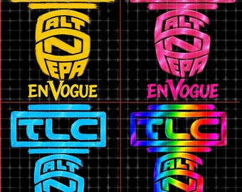 May include: A graphic design featuring four variations of text logos for TLC, Salt-N-Pepa, and En Vogue. Each section displays the band names in a distinct colour scheme: yellow, pink, blue, and a rainbow gradient, all set against a black grid background.