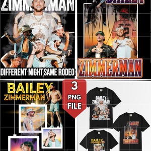 Op de afbeelding: Digitale ontwerpen met de naam "Bailey Zimmerman" en de zin "Different Night Same Rodeo". De ontwerpen bevatten afbeeldingen van een man, concertfoto's en t-shirt mockups. De ontwerpen zijn beschikbaar als 3 PNG-bestanden.