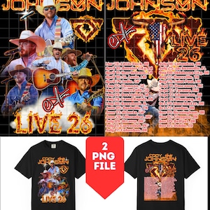 Könnte beinhalten: Schwarze T-Shirts mit dem Thema der 'Live 26'-Tour von Cody Johnson. Eines zeigt eine Collage von Bildern, das andere einen Tourplan mit einer amerikanischen Flagge. Enthält den Text '2 PNG FILE' und 'BY: RYUJIN'.