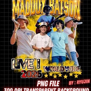 May include: A digital graphic featuring the text "MADDOX BATSON" in a gold, distressed font. The image includes a group of young people, some holding microphones and a guitar. Text includes "LIVE! WORLD WIDE 2026" and "PNG FILE BY: RYUJIN".