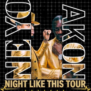 May include: A poster featuring Ne-Yo and Akon wearing gold suits against a black grid background. The text reads NE-YO and AKON vertically in white outlined letters, with NIGHT LIKE THIS TOUR in gold at the bottom, accented by gold stars.