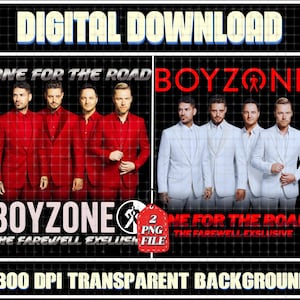 Op de afbeelding: Een digitale download-afbeelding met twee foto's van de muziekgroep Boyzone. De linkerkant toont vier leden in rode pakken met de tekst One For The Road en Boyzone. De rechterkant toont hen in witte pakken met de tekst Boyzone.