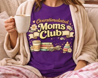 Camiseta del Club de Madres Sobreestimuladas, divertida camiseta con gráficos de vida de mamá, camiseta retro con humor sobre la maternidad