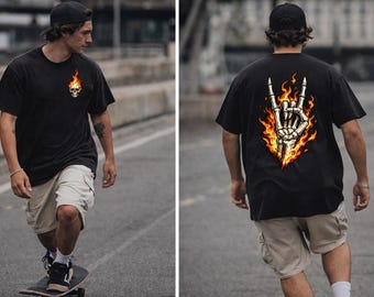 Camiseta urbana con calavera y llamas, camiseta con estampado de mano de esqueleto en la espalda, camiseta estilo skate vanguardista.