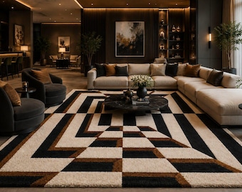 Handtufted Geometric Optical Illusion Rug, Modern Abstract Carpet, Black Ivory Brown Statement Piece.