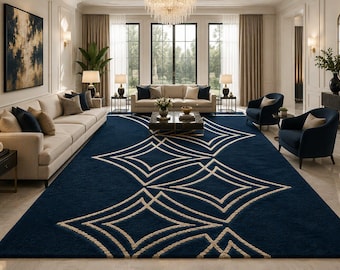 Handtufted Navy Blue Geometric Area Rug, Modern Abstract Diamond Pattern Rug, Contemporary Handmade Carpet.