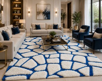 Modern Mosaic Stone Rug | Blue White Abstract Tufted Carpet, Living Room Bedroom.