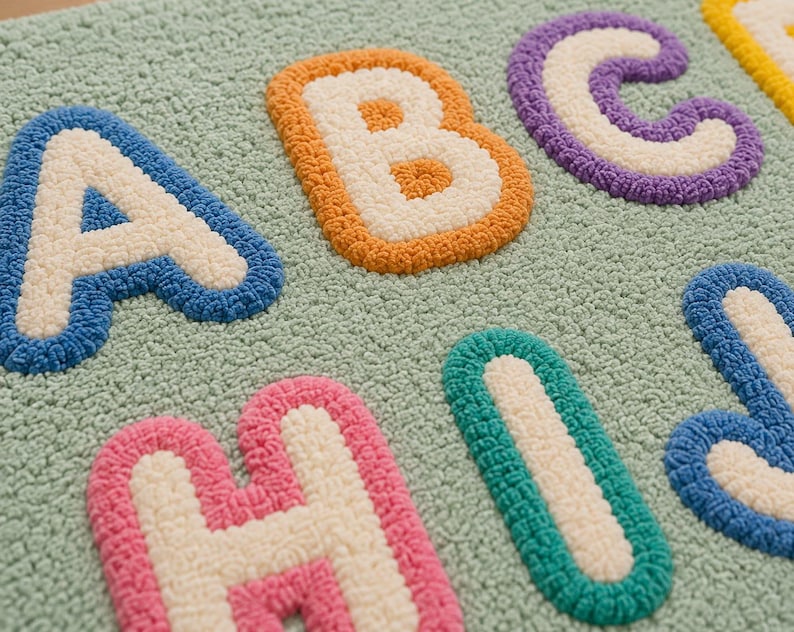 May include: A tufted rug featuring a light green background with raised, textured letters of the alphabet. The letters A, B, C, H, I, and J are visible, each outlined in vibrant colors including blue, orange, purple, pink, and teal with white centers.