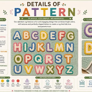 May include: A rectangular area rug featuring the alphabet in raised, colorful, tufted letters against a light green background. The image includes text labels detailing pattern highlights, close-up tufting, color palettes, and usage features.
