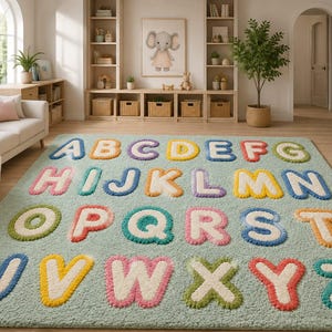 May include: A rectangular area rug featuring a light green background with the English alphabet letters A through Z displayed in a raised, tufted texture. Each letter is rendered in a different color, including blue, yellow, purple, orange, red, and pink.