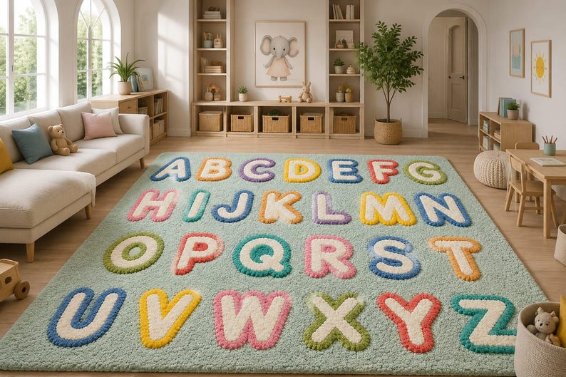 May include: A rectangular area rug featuring a light green background with the English alphabet letters A through Z displayed in a raised, tufted texture. Each letter is rendered in a different color, including blue, yellow, purple, orange, red, and pink.