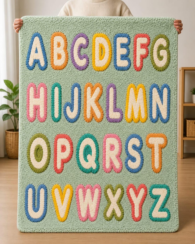 May include: A rectangular light green rug featuring the English alphabet in a tufted, bubble-letter style. Each letter is rendered in a distinct color, including blue, orange, purple, yellow, red, green, and pink, with a cream-colored center.