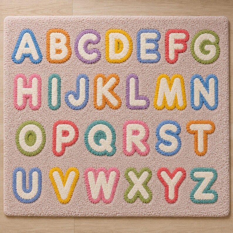 May include: A rectangular area rug with a light pink textured surface featuring the English alphabet in capital letters. Each letter is rendered in a puffy, tufted style with a white center and a colorful border in shades of blue, orange, purple, yellow, red, green, and pink.