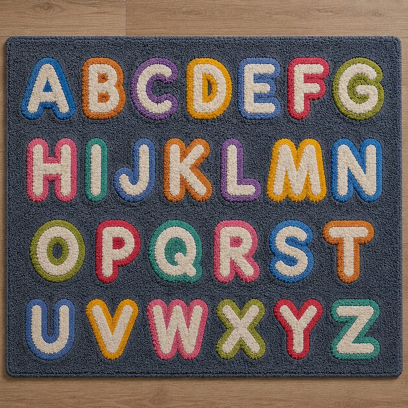 May include: A rectangular dark gray rug featuring the English alphabet in a tufted, textured style. Each letter is rendered in a bold, rounded font with a cream-colored center and a vibrant, multi-colored outline in shades of blue, orange, purple, yellow, red, and green.
