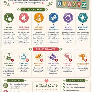 May include: An instructional infographic titled Care Instructions for your Alphabet Rug, featuring a colorful alphabet rug image, a daily care guide with six icons, a list of things to avoid, extra tips, and a quick reference section for rug maintenance.
