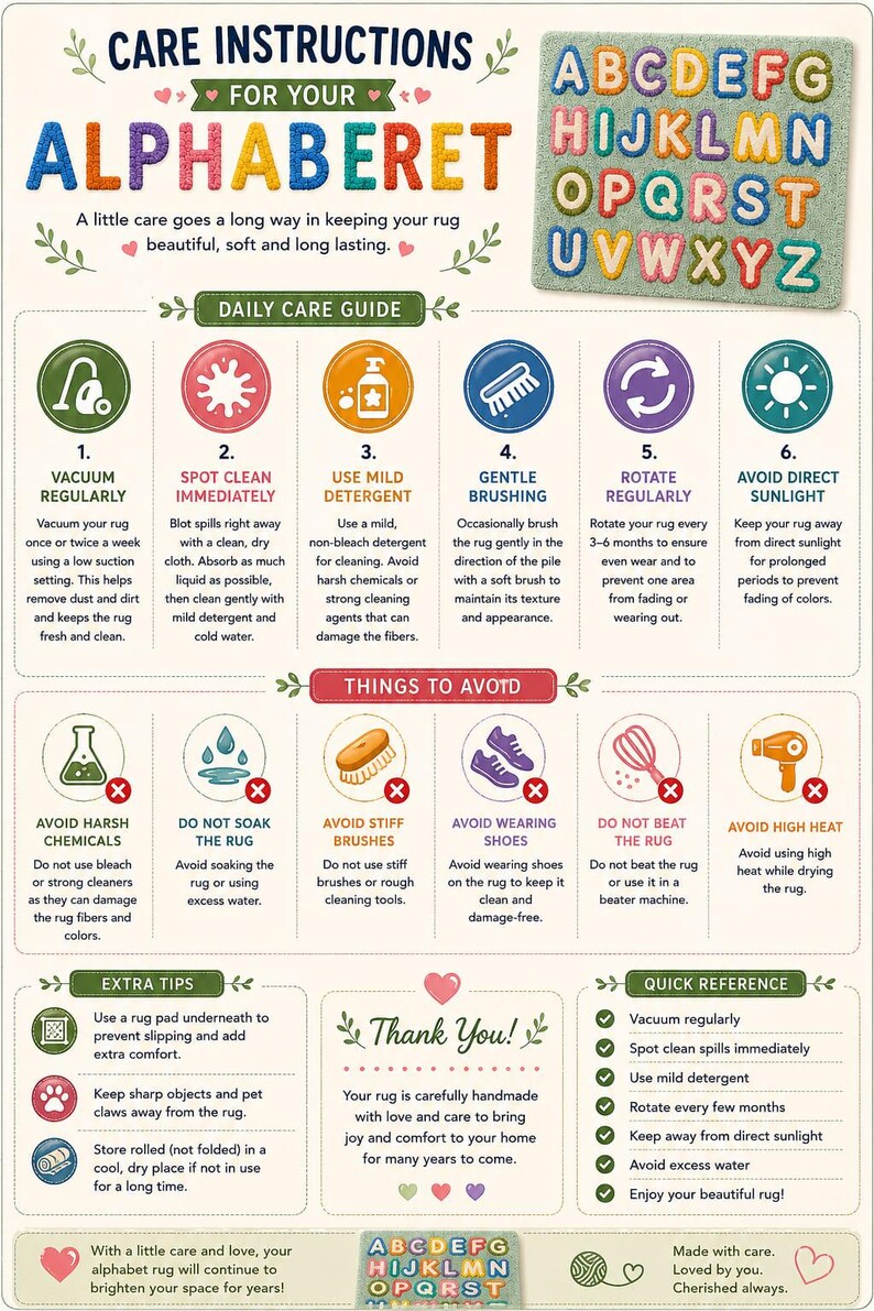 May include: An instructional infographic titled Care Instructions for your Alphabet Rug, featuring a colorful alphabet rug image, a daily care guide with six icons, a list of things to avoid, extra tips, and a quick reference section for rug maintenance.