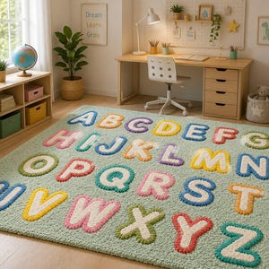 May include: A rectangular area rug featuring a light green textured background with the English alphabet letters A through Z displayed in a repeating pattern. Each letter is rendered in a bold, puffy style with varied colors including blue, orange, purple, yellow, pink, and green.