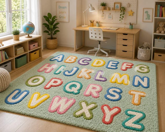Handtufted Alphabet Learning Rug, Colorful ABC Nursery Playroom Carpet.