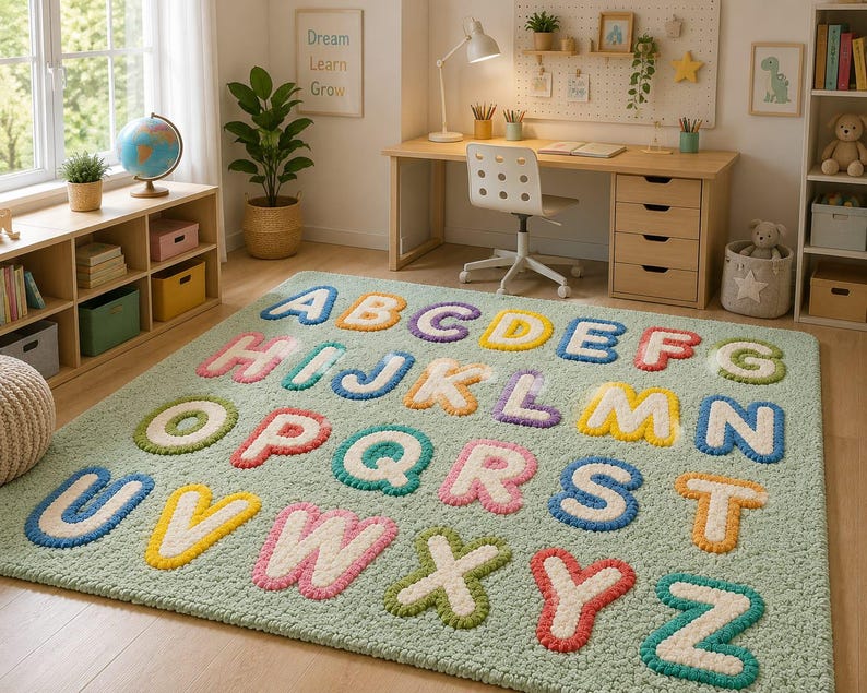 May include: A rectangular area rug featuring a light green textured background with the English alphabet letters A through Z displayed in a repeating pattern. Each letter is rendered in a bold, puffy style with varied colors including blue, orange, purple, yellow, pink, and green.