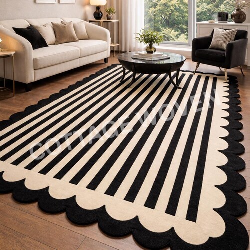 Handtufted Striped Wool Rug, Scalloped Edge Rug.