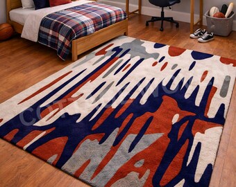 Abstract Graffiti Area Rug, Navy Red Modern Carpet.