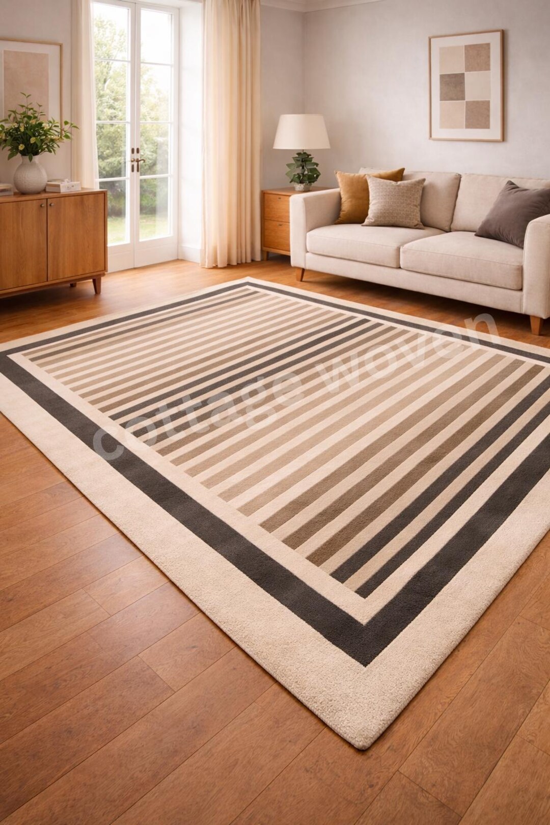 Striped Border Rug Hand Tufted Wool Area Rug, Striped Border Rug, Modern Line Pattern ...
