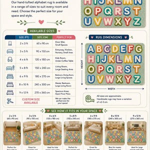 May include: A size guide infographic for an alphabet rug featuring a light green background with colorful, raised-texture letters from A to Z. The chart displays dimensions in feet and centimeters, room placement examples, and custom size options.