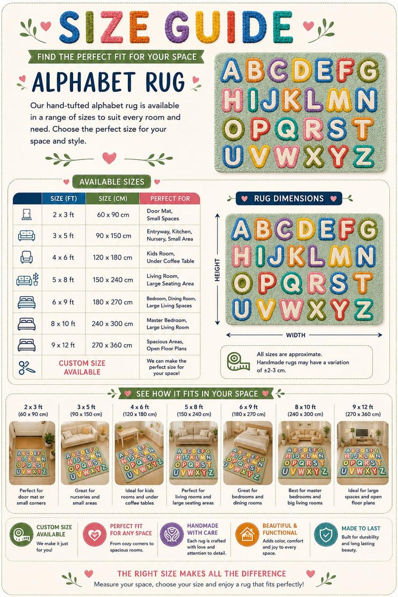 May include: A size guide infographic for an alphabet rug featuring a light green background with colorful, raised-texture letters from A to Z. The chart displays dimensions in feet and centimeters, room placement examples, and custom size options.