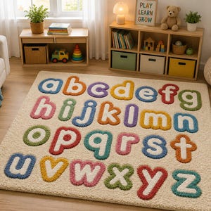 May include: A rectangular area rug with a cream-colored background featuring the lowercase English alphabet in a raised, tufted texture. Each letter is outlined in a distinct color, including blue, orange, purple, yellow, green, and pink.