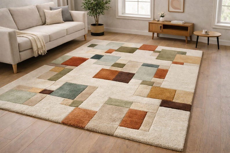 Handtufted Modern Geometric Area Rug, Abstract Block Pattern Rug, Contemporary Living Room Carpet. image 1