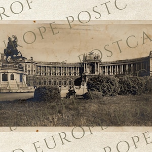 May include: Vintage black and white postcard featuring a large building with columns and a statue of a person on a horse. The postcard is a sepia tone, with the words "EUROPE POSTCARD" printed around the edges.