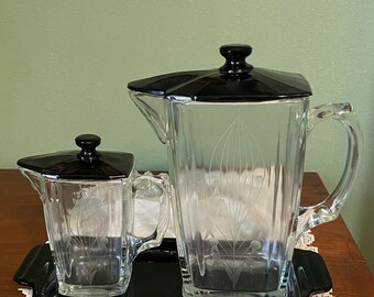 Antique COFFEE Beverage SET Purple Deco Black Amethyst Etched