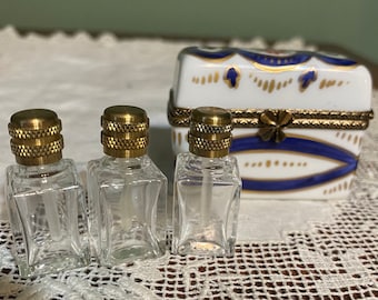 Antique Limoges France Perfume porcelain Trinket BOX Jar Powder Art Nouveau blue metal 3 bottles mini