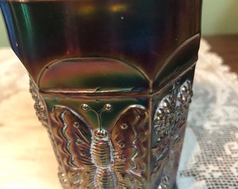 Tazas de cristal vintage Fenton Butterfly Berries Carnival, color azul cobalto y dorado.