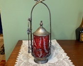 Antique Victorian PICKLE CASTER cranberry rare thistle pattern opal opalescent Glass silver plate condiment jar