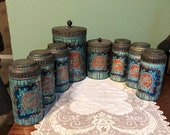 Antique vintage Hoosier Manufacturing Co canister metal spice coffee tea tin Lid gorgeous rare canister set