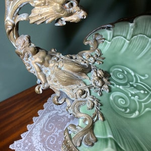 Mermaid Antique Victorian Porcelain EPERGNE COMPOTE Centerpiece MERMAID Dolphin Fish Bronze Holder Vase trumpet