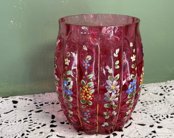 Victorian EAPG Hobbs Brockunier SPOONER Celery Baby Thumb Print Cranberry Glass enamel flowers