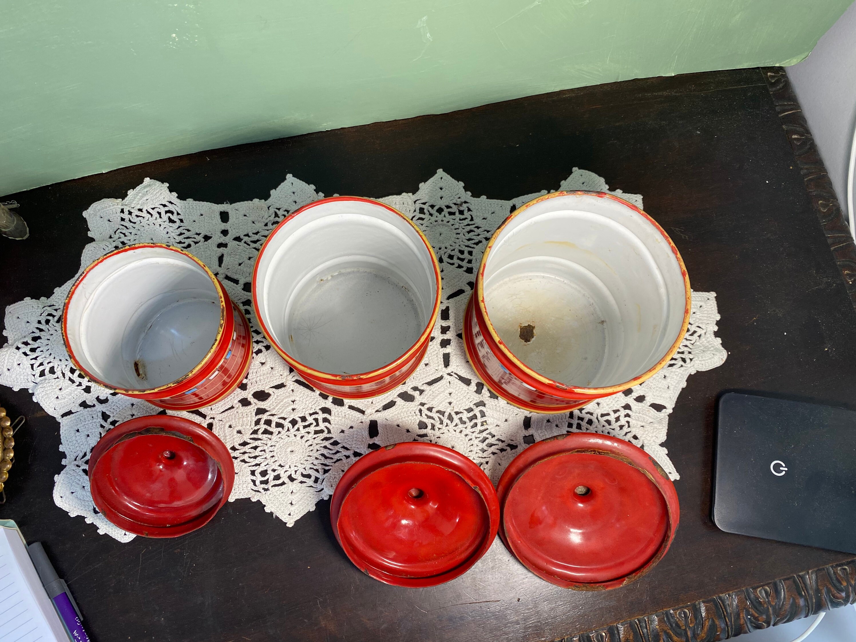 Antique French Enamel CANISTER set Red Blue white checker board