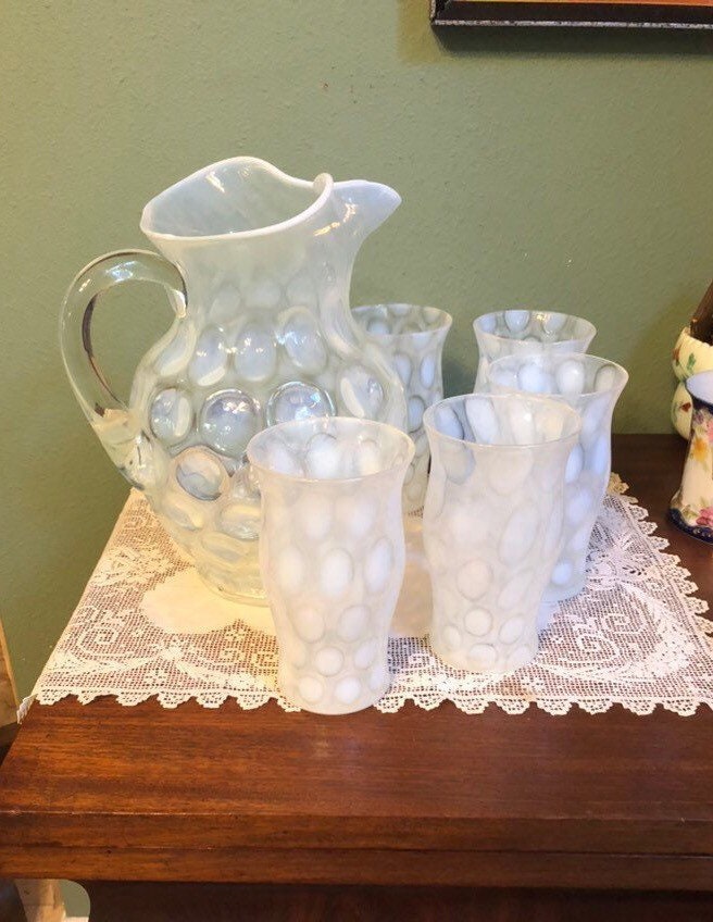 スペシャル！40s〜クランベリーオパールセントコインドットピッチャーFenton Antique FENTON Opalescent Coin Dot Optic Large PITCHER With