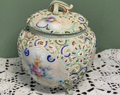Vintage Nippon Blue Green Humidor Biscuit Jar BOX Japan enamel porcelain Moriage heavy enamel