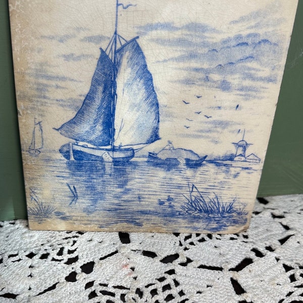 antique Victorian SAILBOAT 1 American Encaustic tiles Delft tiling architectural salvage  A  E