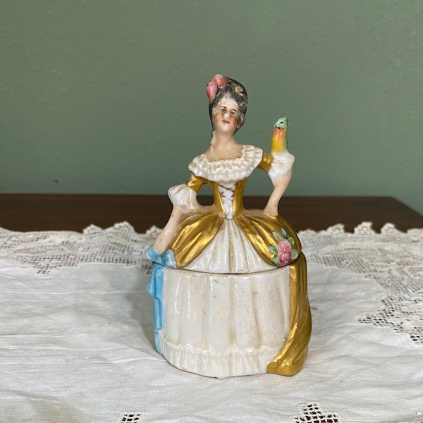 Antique Victorian Dresden German Mini Porcelain BOX Dresser Powder Jewelry painted Woman Bird