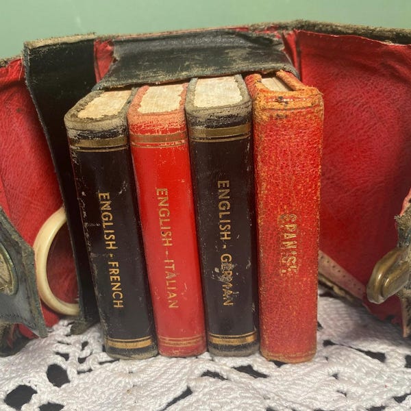 Diccionario de escritorio de 4 volúmenes, mini miniatura, decoración, estuche de transporte, traducciones de bibliotecas antiguas