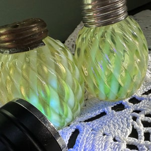 Victorian Pair Salt Pepper SHAKERS Swirl VASELINE EAPG Buckeye Uranium Glass opalescent opal antique