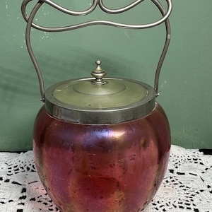 Antique BISCUIT JAR Cranberry Iridescent  cranberry art glass favrile